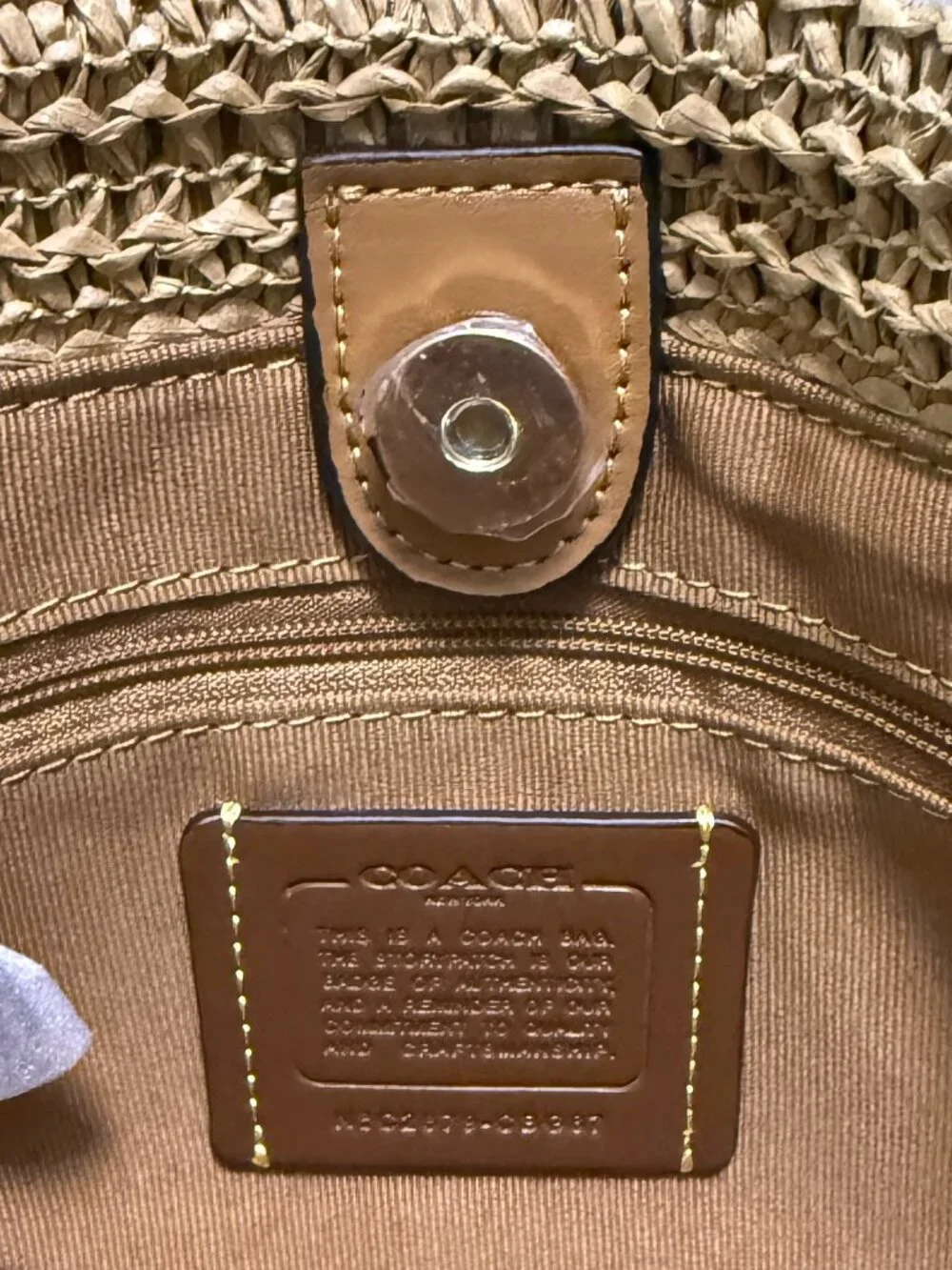 COACH Straw Tote in Tan and Brown Woven Stripe